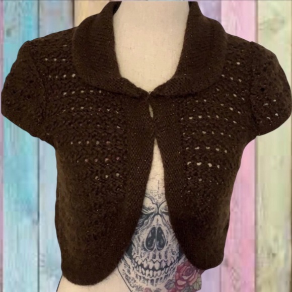 GAP Sweaters - Gap Brown Gold Sparkle Crochet Sweater Shrug Top